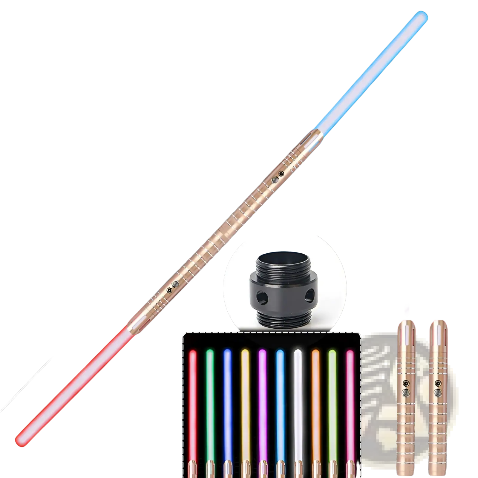 Rgb metal lightsaber 2-in-1 led laser sword toy with gold-colored led blade, textured grip, and multiple color options