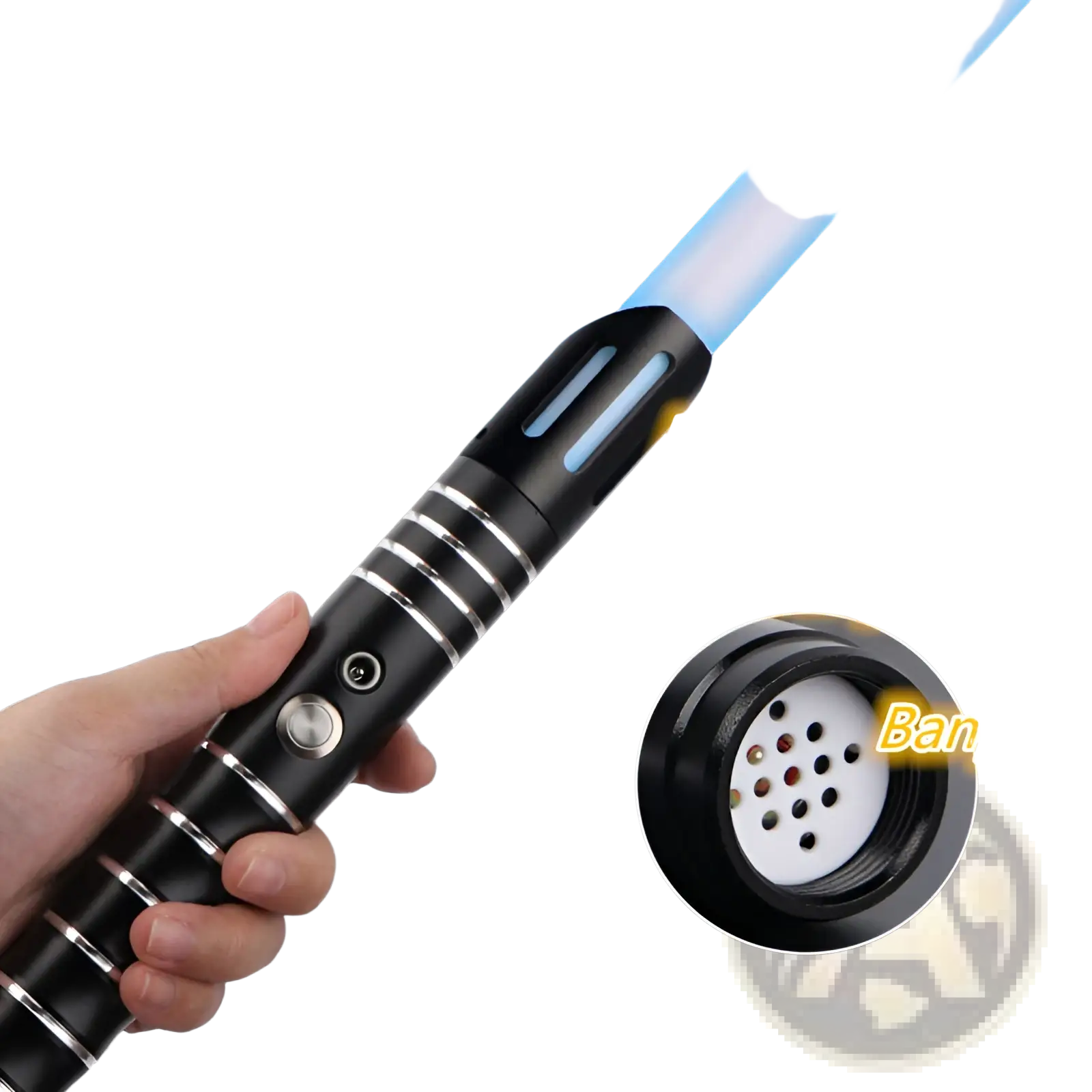Rgb metal lightsaber 2-in-1 led laser sword toy with black plastic and metal hilt and blue glowing blade