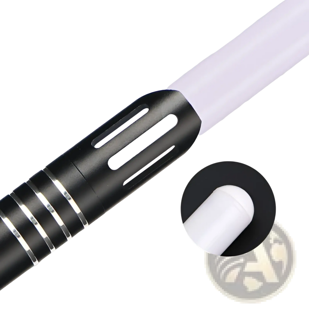 Rgb metal lightsaber 2-in-1 led laser sword toy with black and white arc blade and sleek segmented handle with silver rings