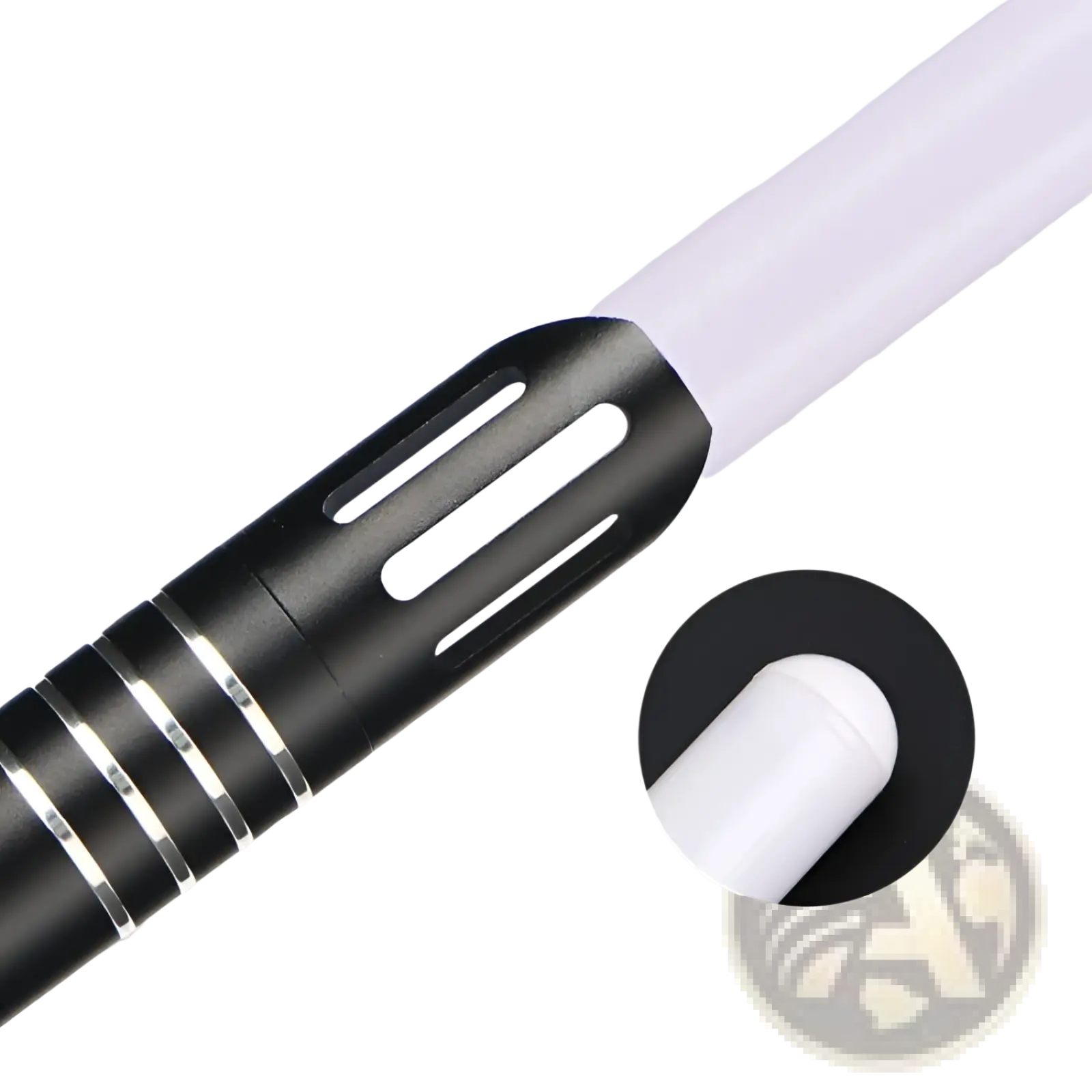 Rgb metal lightsaber 2-in-1 led laser sword toy with black and white arc blade and sleek segmented handle with silver rings