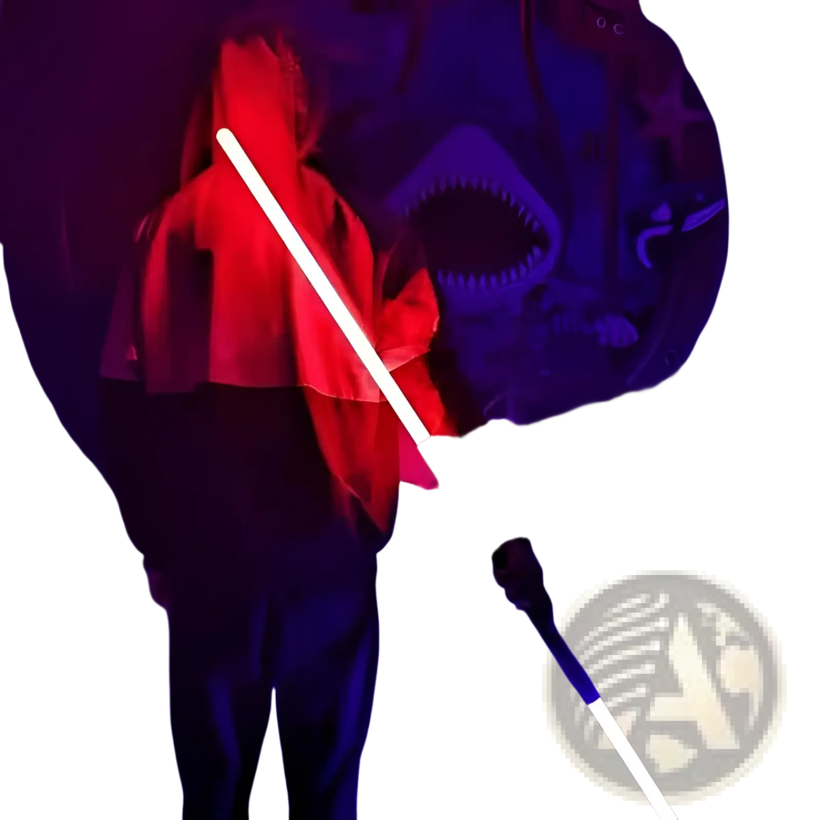 A glowing red rgb metal lightsaber 2-in-1 led laser sword toy with a sleek elongated blade and black metal hilt