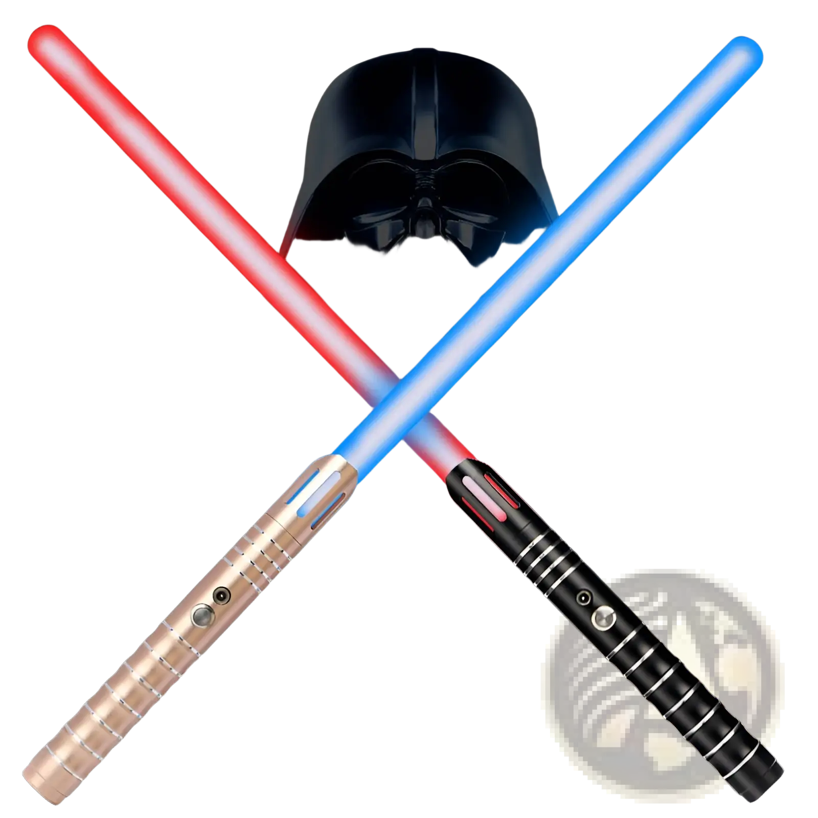 Rgb metal lightsaber 2-in-1 led laser sword toy with red and blue illuminated blades and textured metallic handles