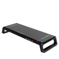 Rgb monitor stand with usb hub and storage drawer in black featuring rainbow led lighting and multiple side usb ports