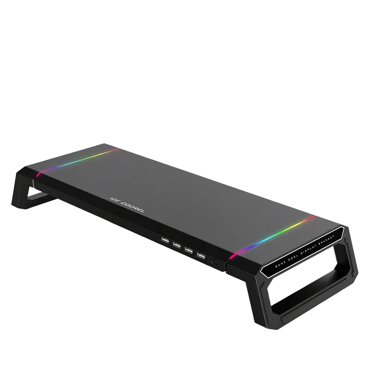 Rgb monitor stand with usb hub and storage drawer in black featuring rainbow led lighting and multiple side usb ports