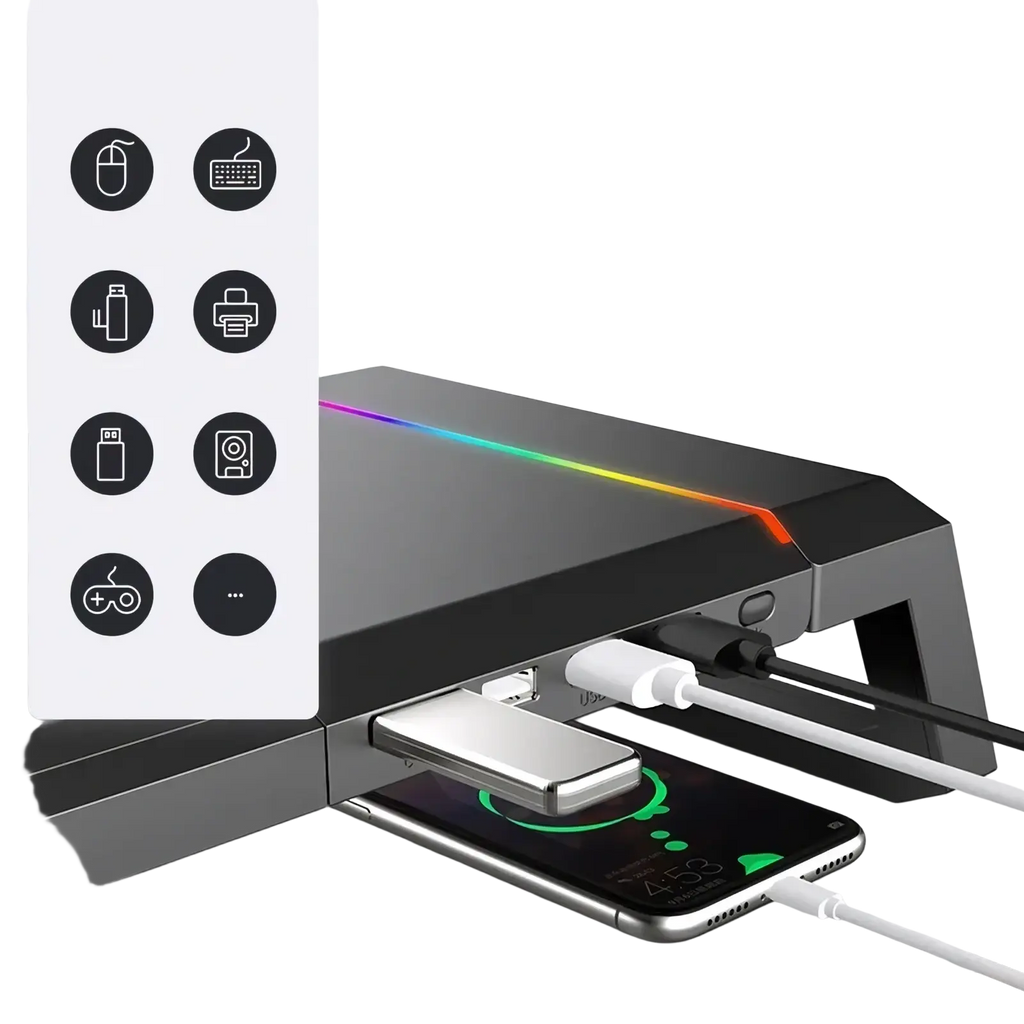 Black rgb monitor stand with usb hub, storage drawer, and rgb lighting for gaming desk organization and device charging