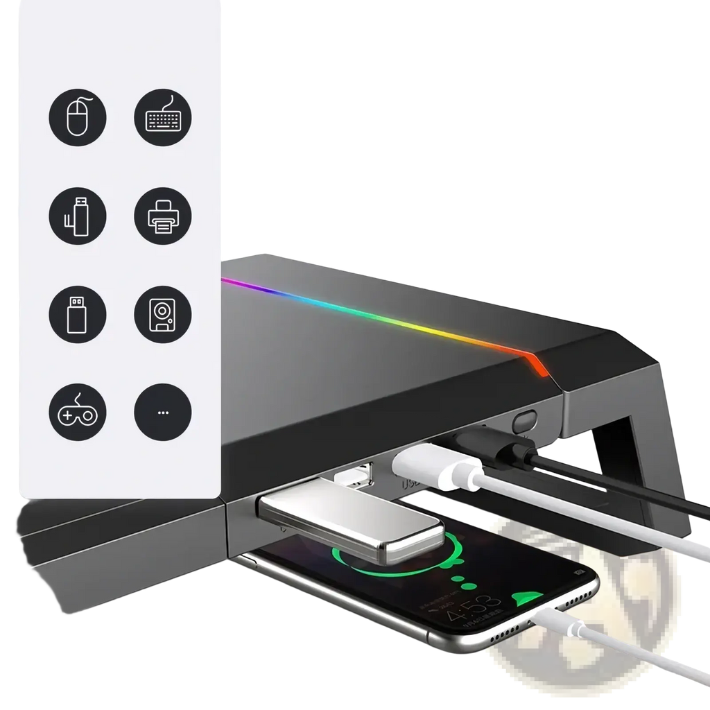 Black rgb monitor stand with usb hub, storage drawer, and rgb lighting for gaming desk organization and device charging