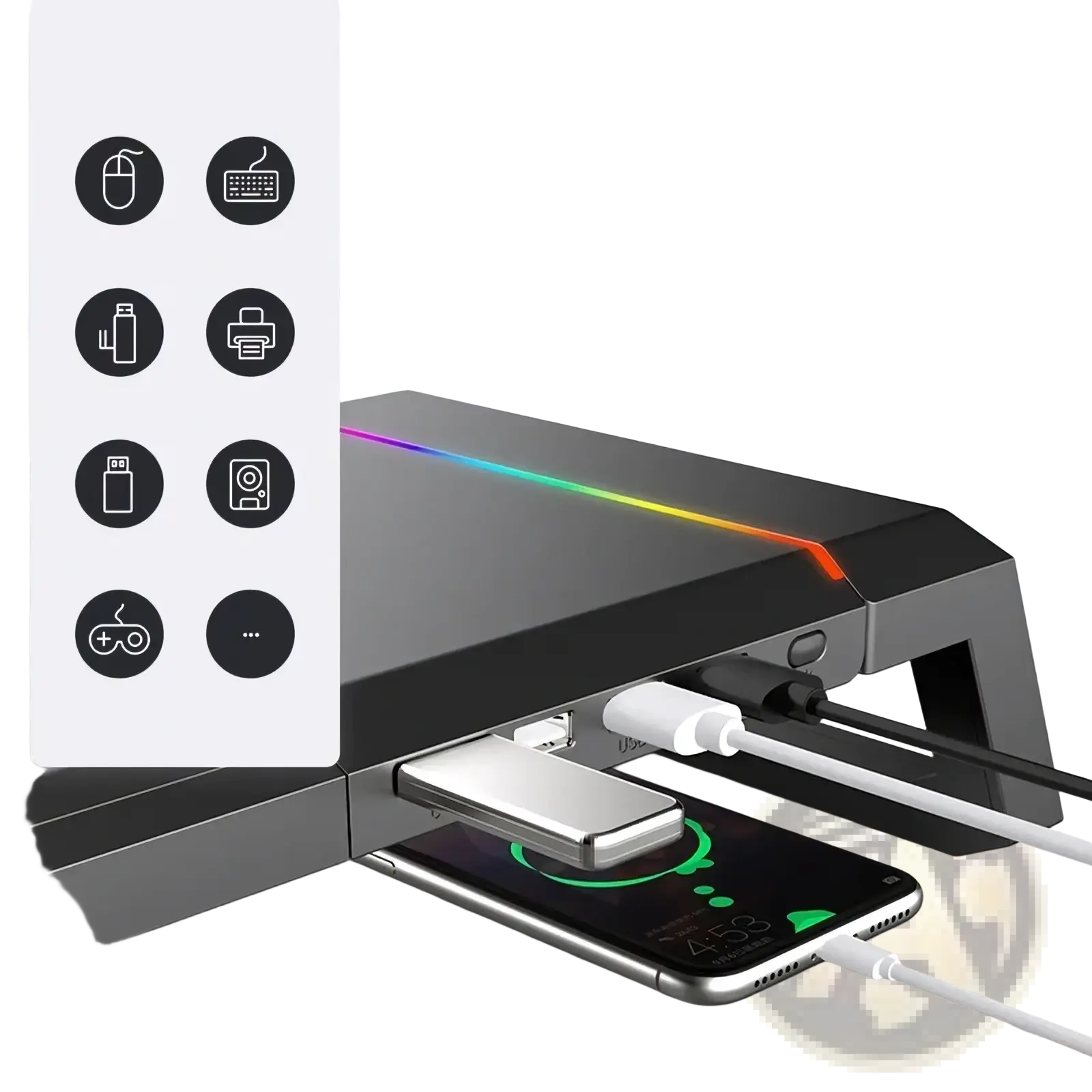 Black rgb monitor stand with usb hub, storage drawer, and rgb lighting for gaming desk organization and device charging