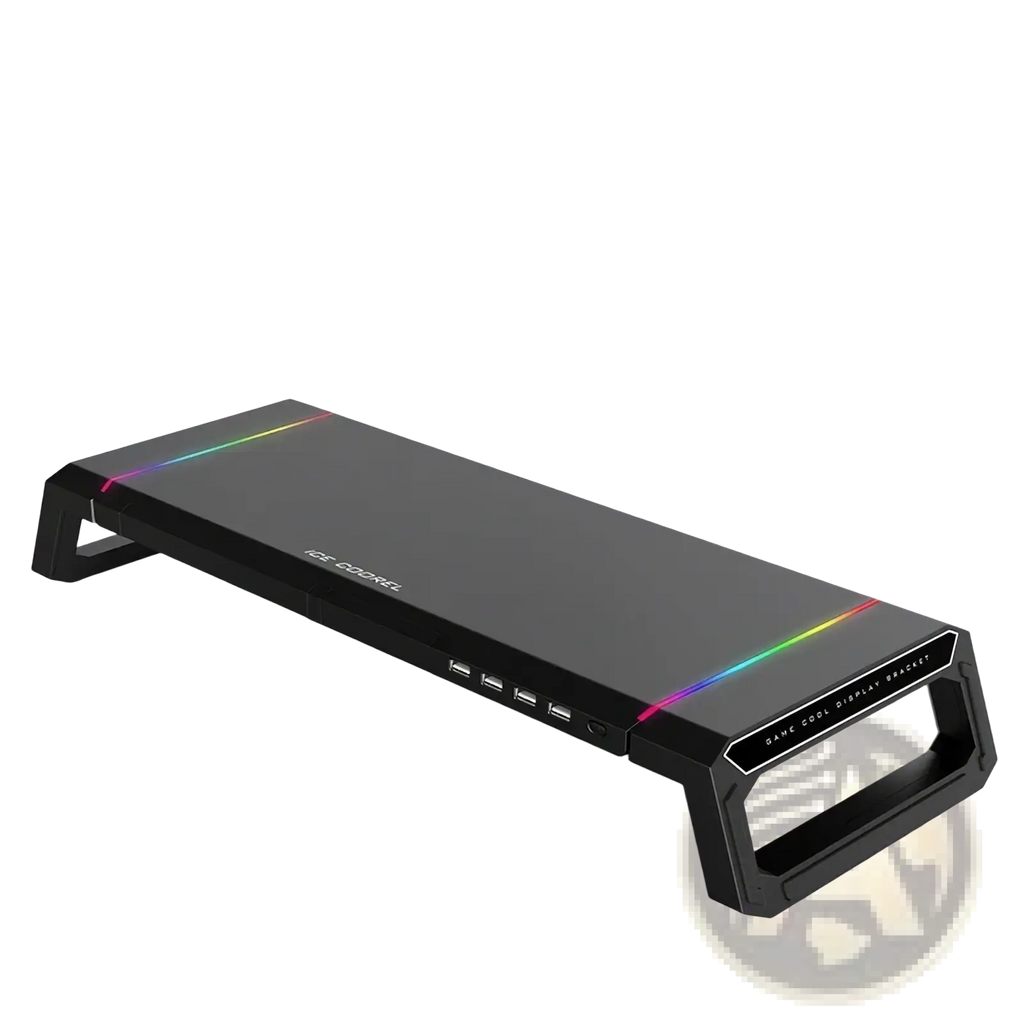 Rgb monitor stand with usb hub and storage drawer in black featuring rainbow led lighting and multiple side usb ports