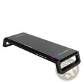 Rgb monitor stand with usb hub and storage drawer in black featuring rainbow led lighting and multiple side usb ports
