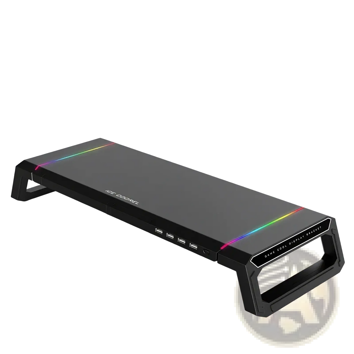 Rgb monitor stand with usb hub and storage drawer in black featuring rainbow led lighting and multiple side usb ports