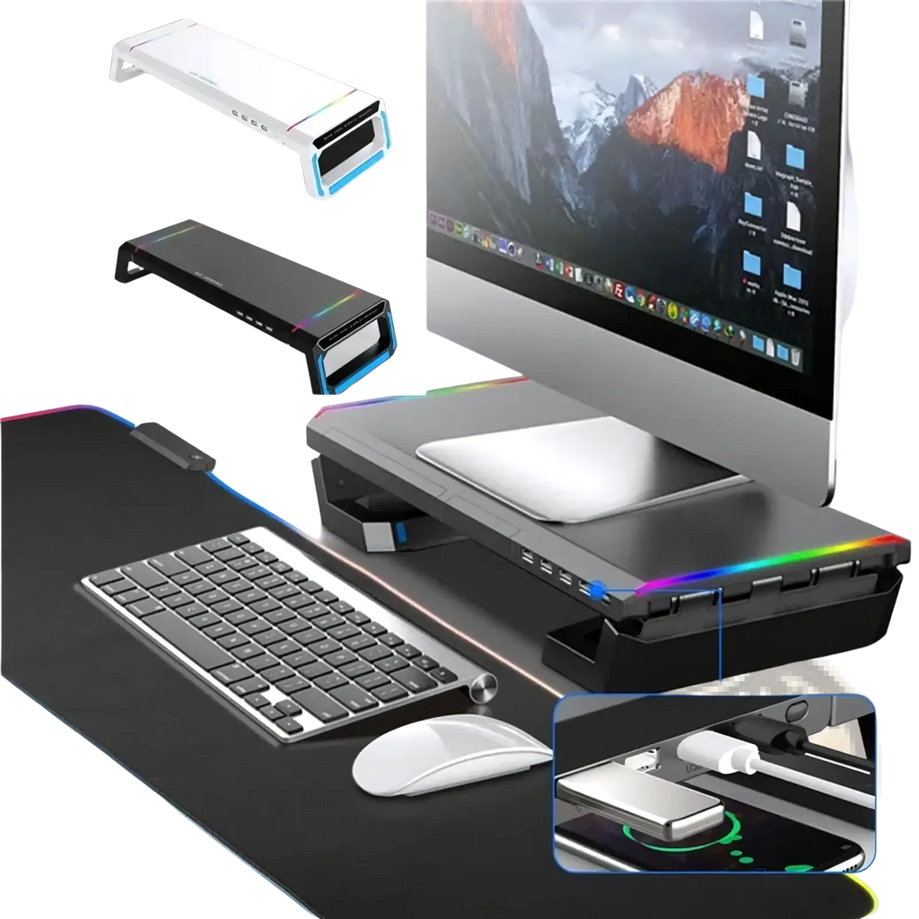 Rgb monitor stand in black with rainbow led lighting multiple usb ports and a storage drawer for device charging