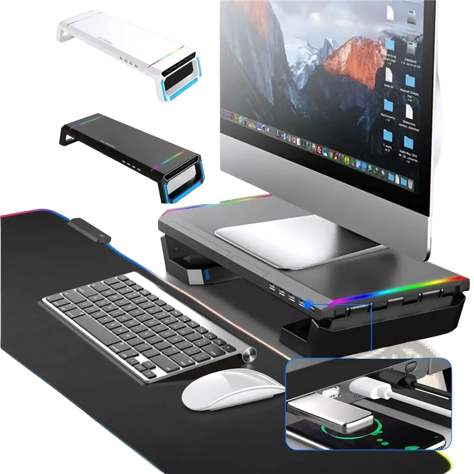 Rgb monitor stand in black with rainbow led lighting multiple usb ports and a storage drawer for device charging