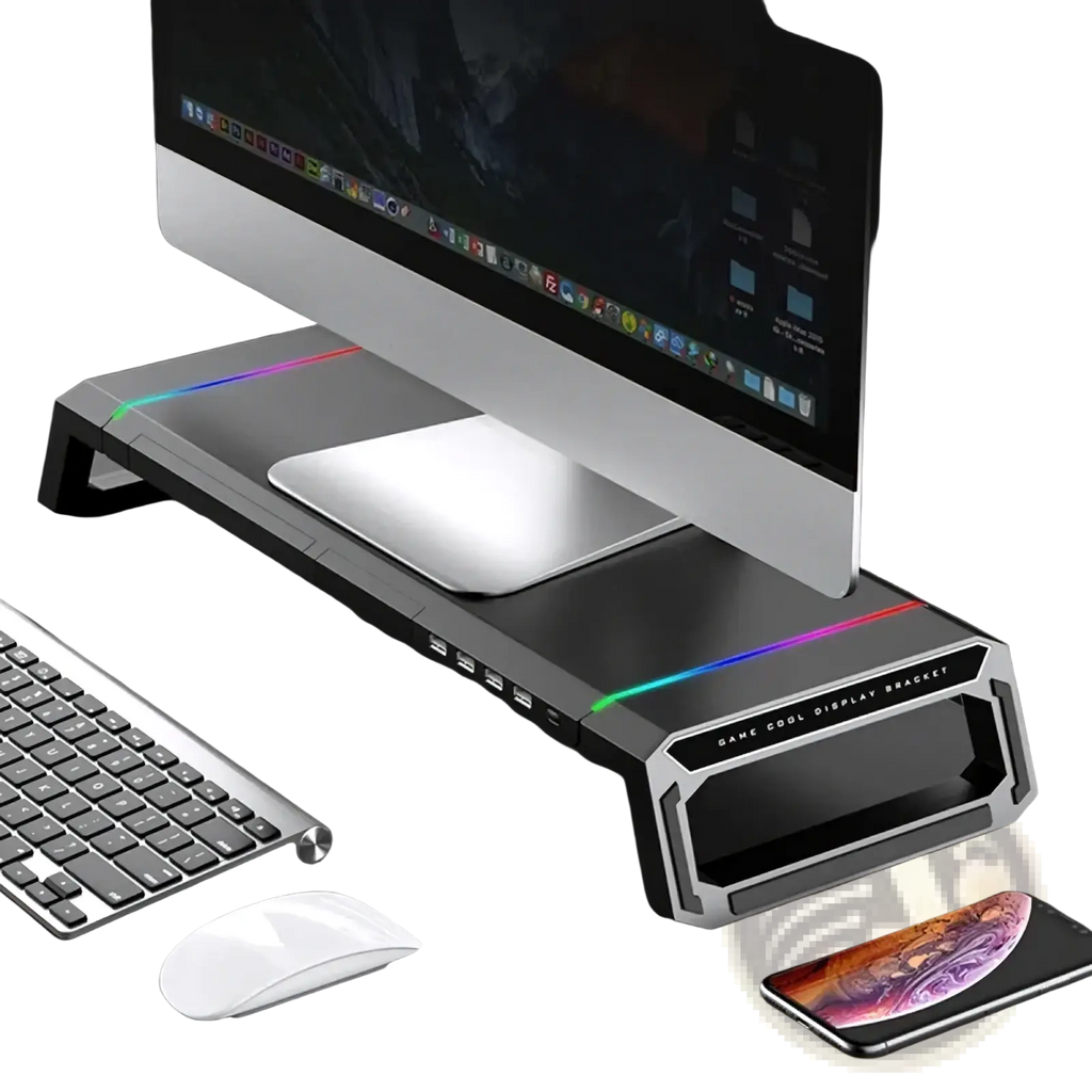 Black and silver rgb monitor stand with usb hub storage drawer and edge lighting for gaming setup organization