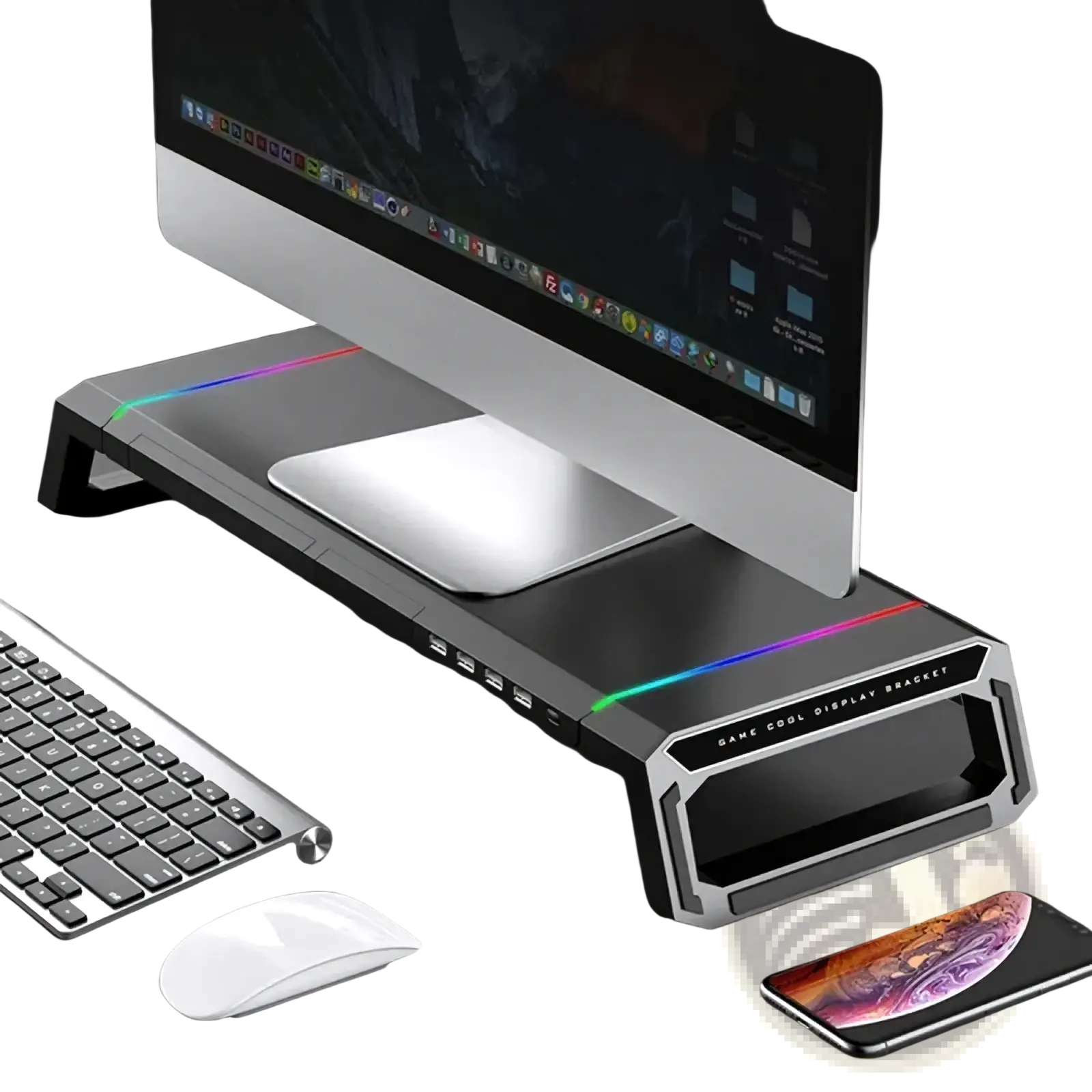 Black and silver rgb monitor stand with usb hub storage drawer and edge lighting for gaming setup organization