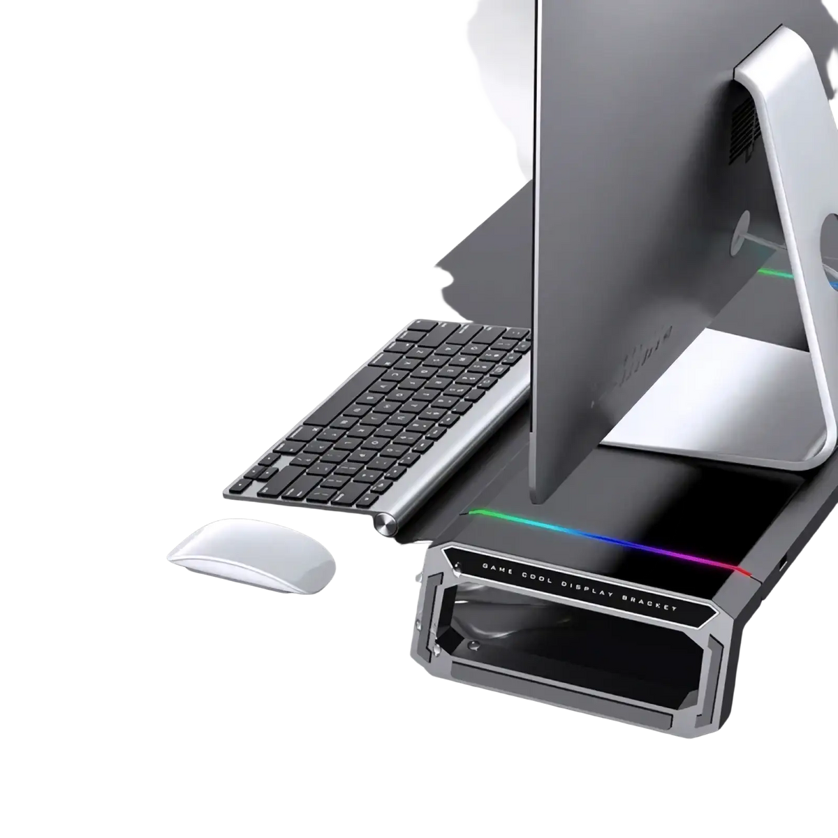 Silver metallic rgb monitor stand with usb hub and storage drawer featuring rgb lighting strip on the back side