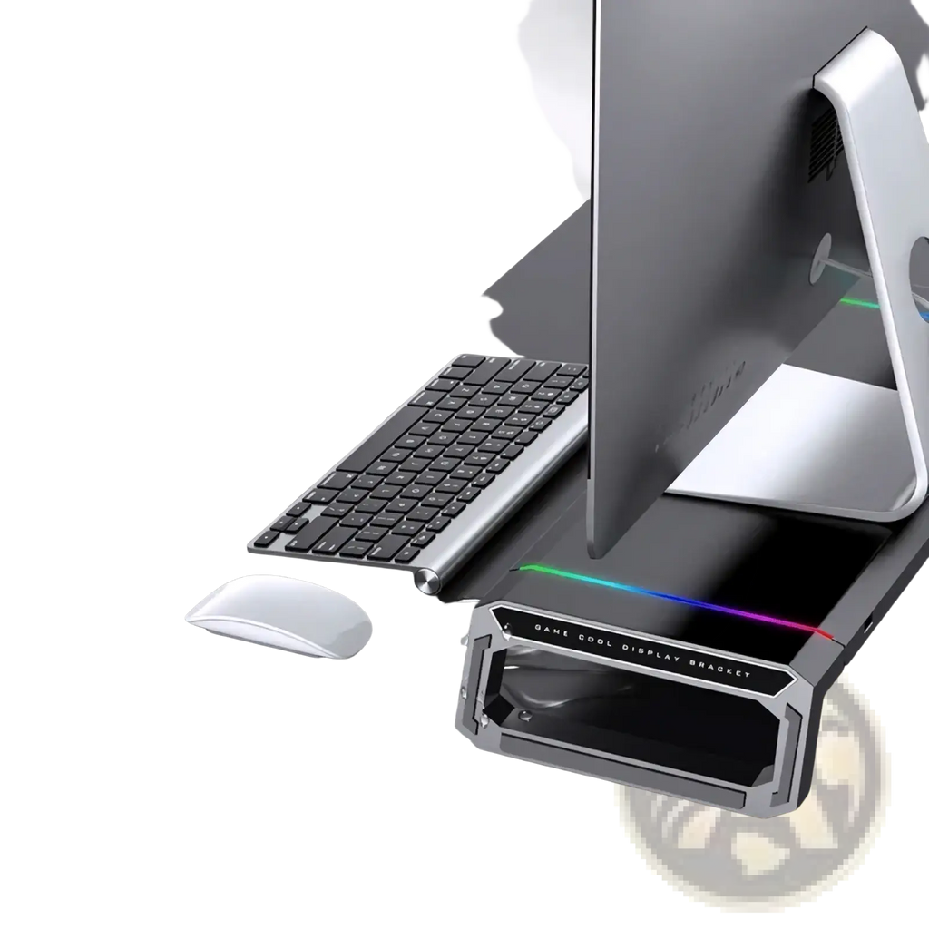 Silver metallic rgb monitor stand with usb hub and storage drawer featuring rgb lighting strip on the back side