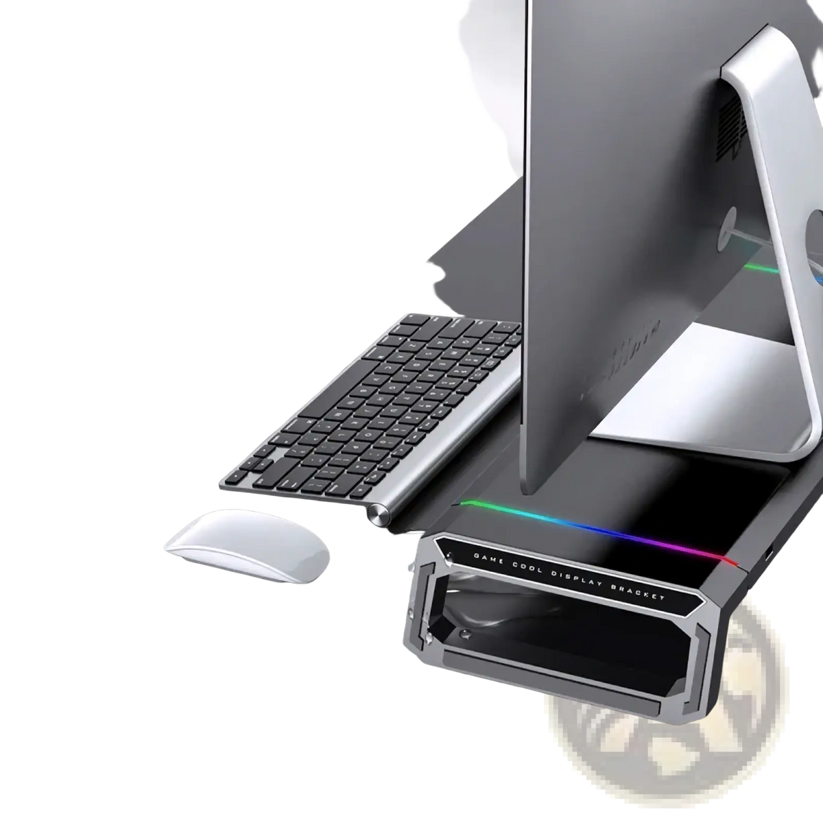 Silver metallic rgb monitor stand with usb hub and storage drawer featuring rgb lighting strip on the back side
