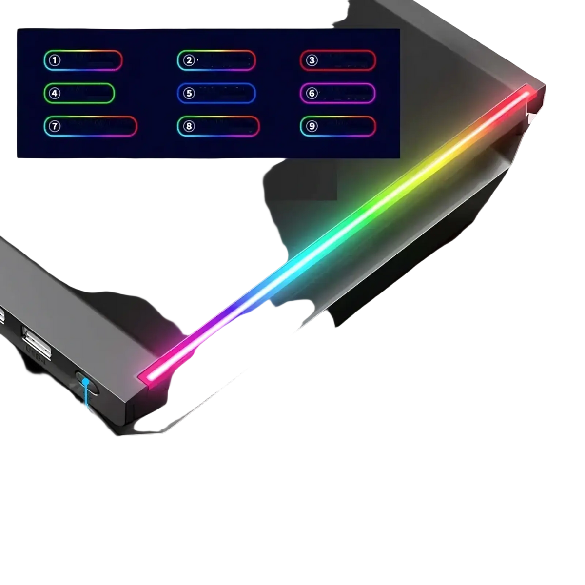 Rgb monitor stand with usb hub and storage drawer featuring a sleek black design and vibrant customizable rainbow led lighting