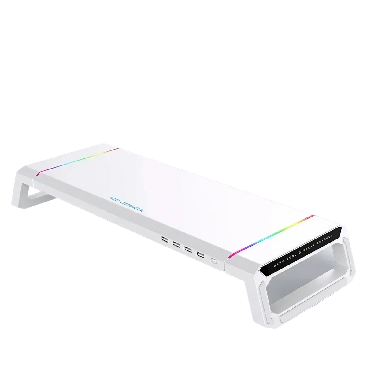 White corsair rgb monitor stand with rainbow led lighting multiple usb ports and storage drawer for gaming setup