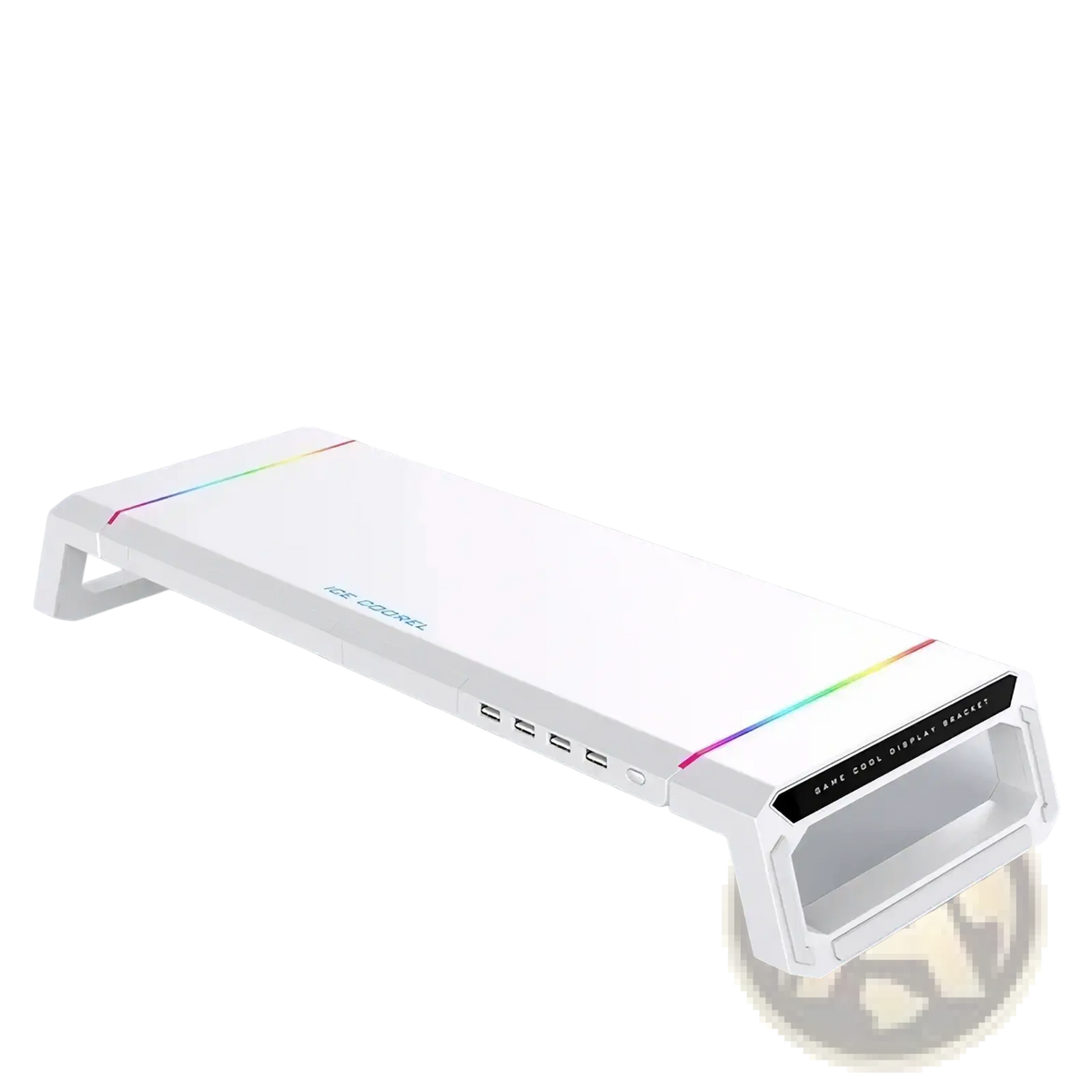 White corsair rgb monitor stand with rainbow led lighting multiple usb ports and storage drawer for gaming setup
