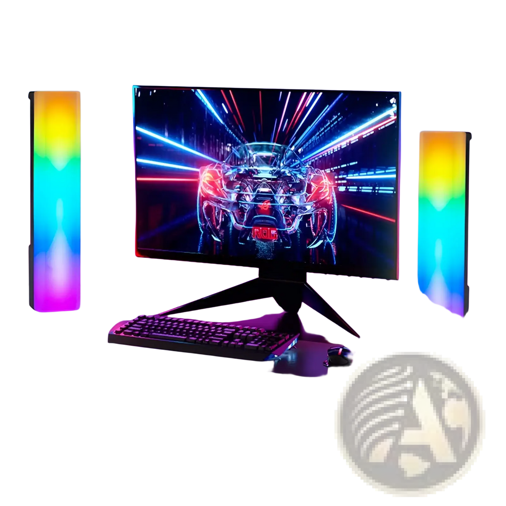 Black monitor with sleek modern design and vibrant neon-lit screen showcasing rgb rhythm light bar voice activated gaming lamp