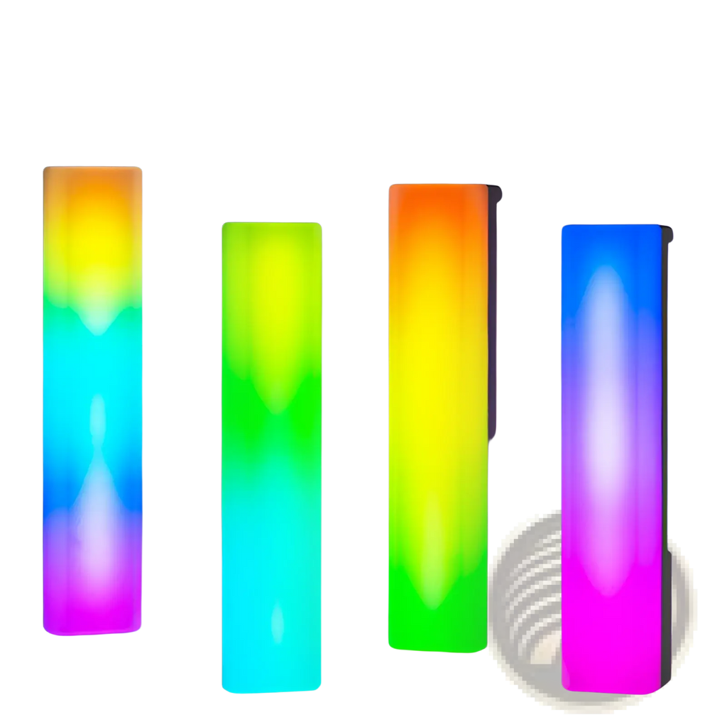 Rgb rhythm light bar voice activated gaming lamp with four illuminated vertical panels featuring vibrant rainbow gradient lighting