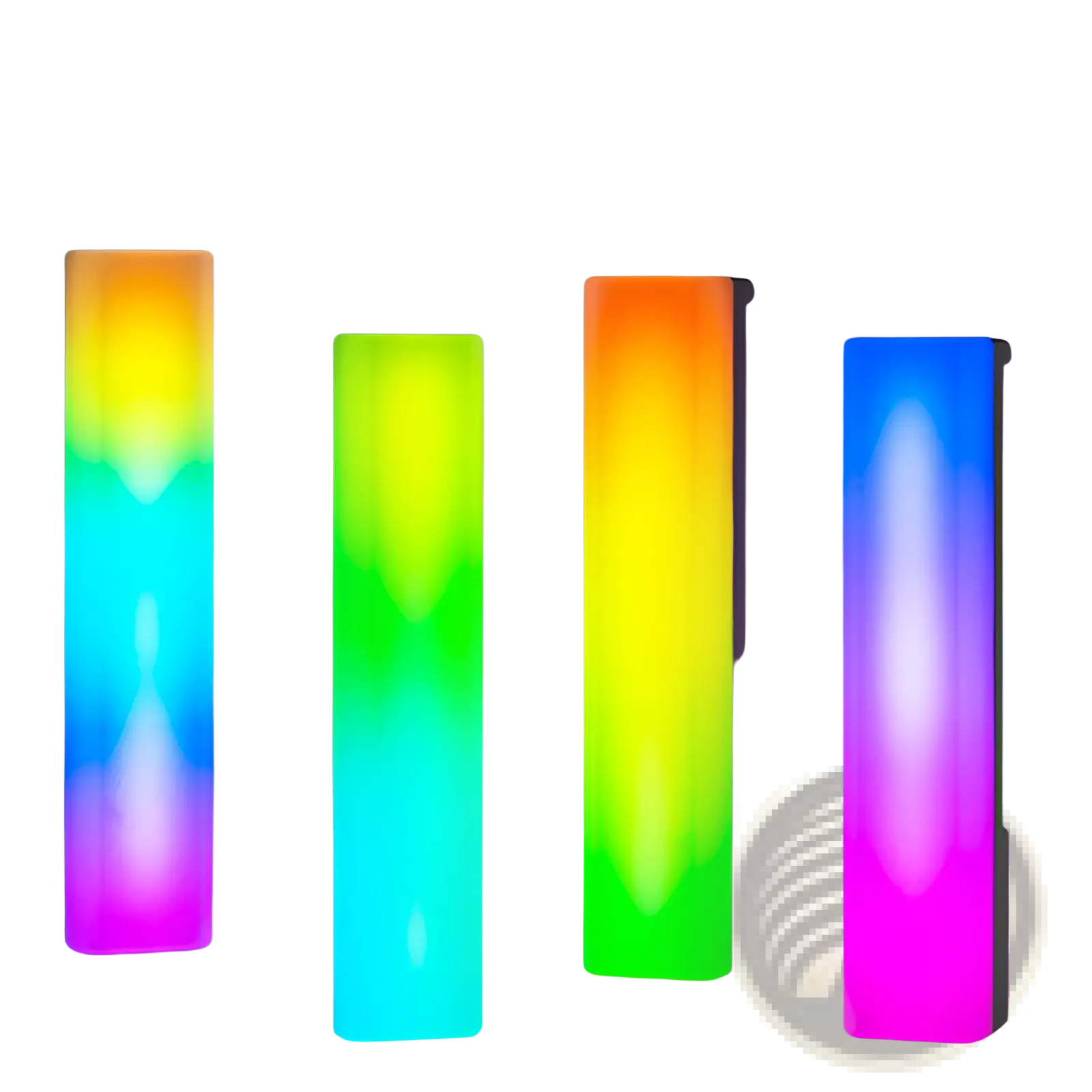 Rgb rhythm light bar voice activated gaming lamp with four illuminated vertical panels featuring vibrant rainbow gradient lighting