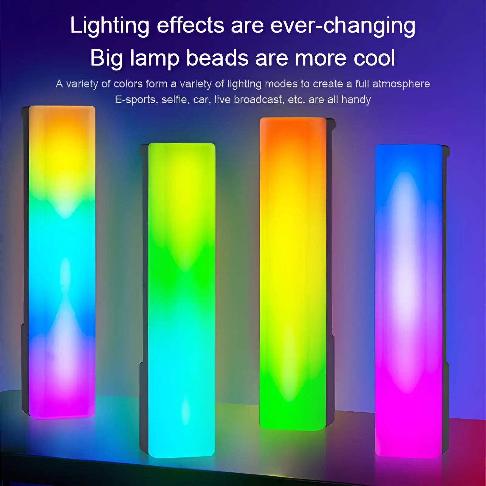 Rgb rhythm light bar voice activated gaming lamp with three vertical led bars displaying vibrant rainbow gradients