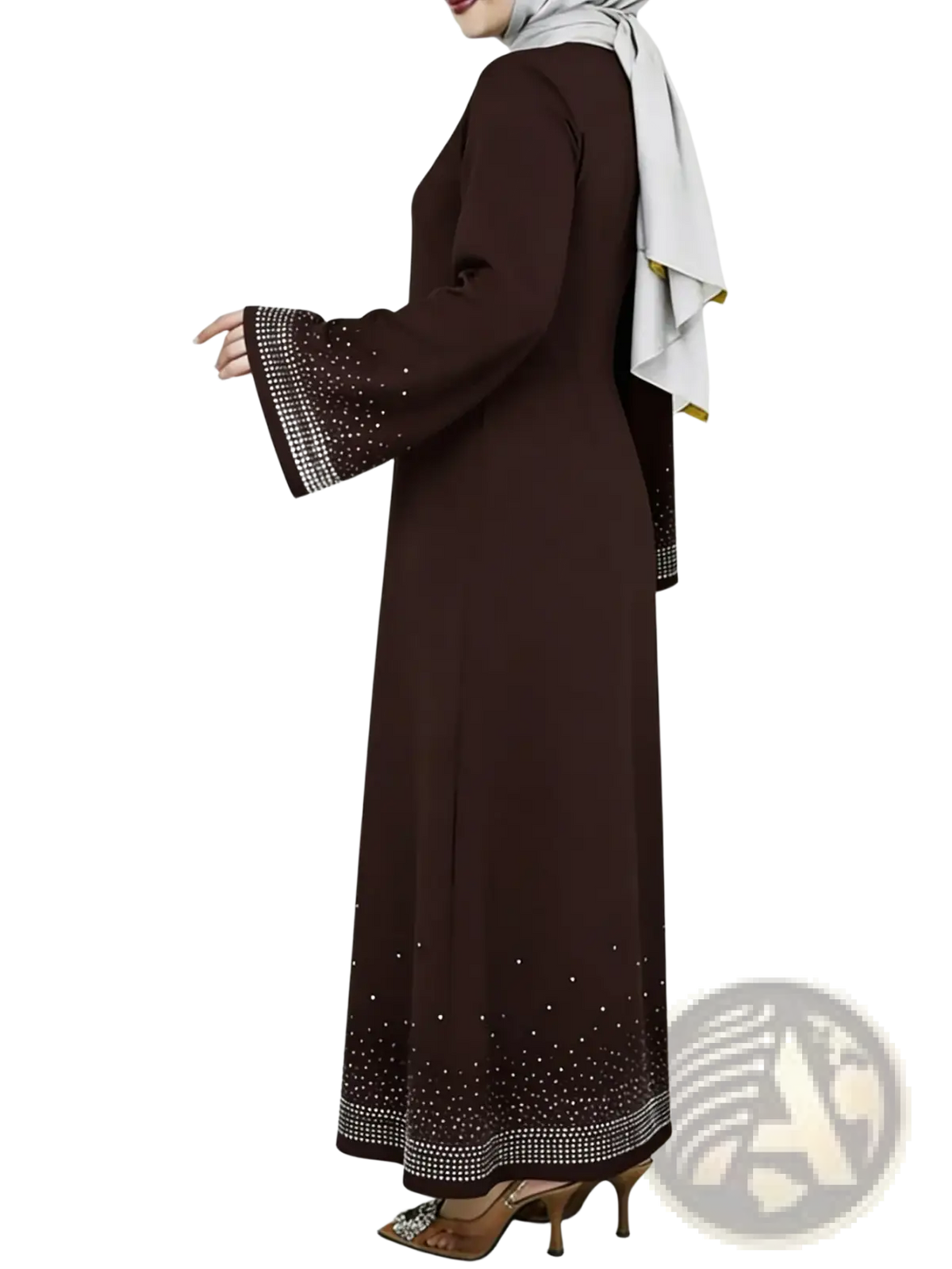 A dark brown long sleeve rhinestone abaya dress with delicate silver beadwork on cuffs and hemline