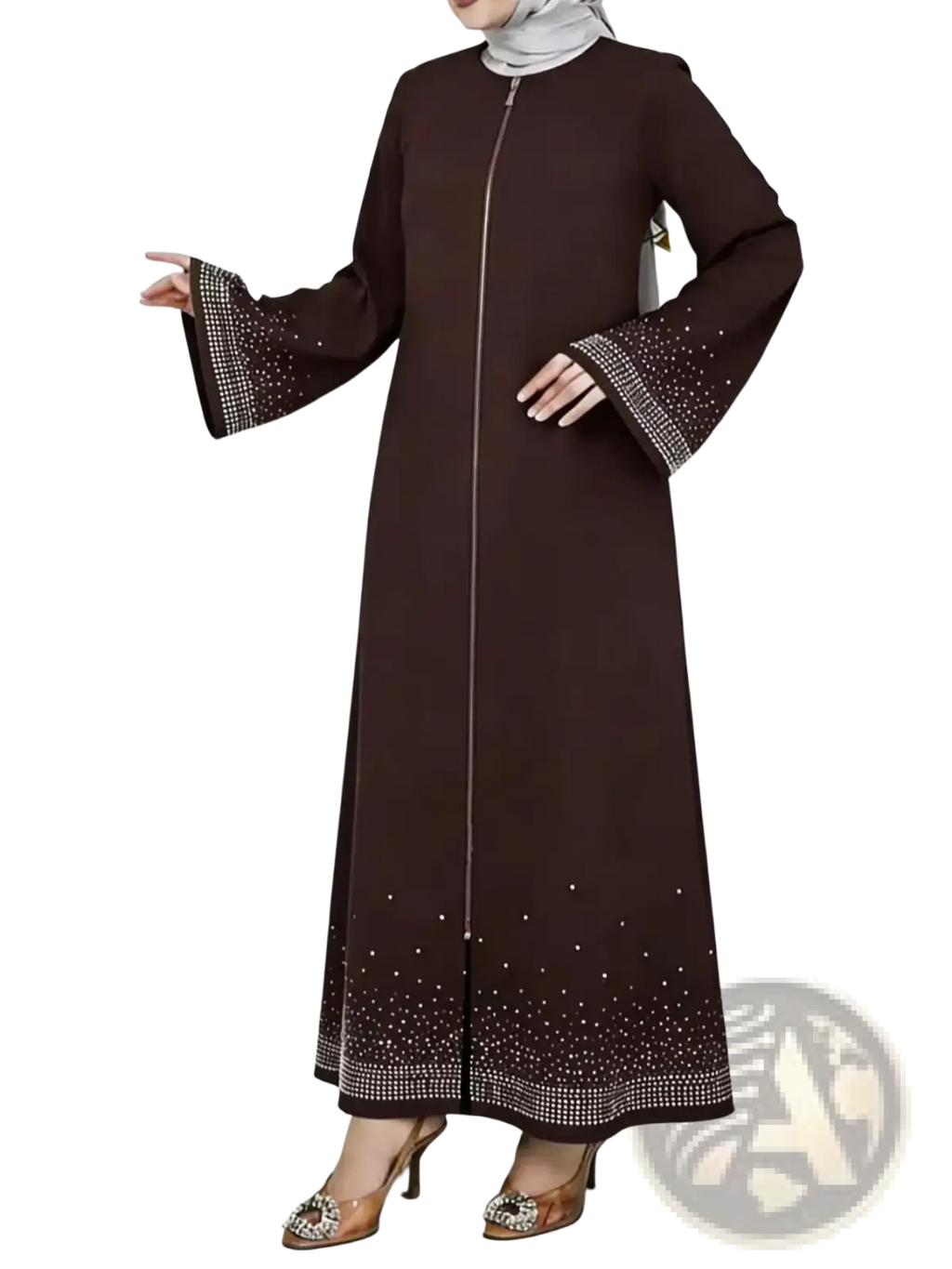A sophisticated dark brown rhinestone abaya long sleeve dress with silver beaded trim and central zipper closure