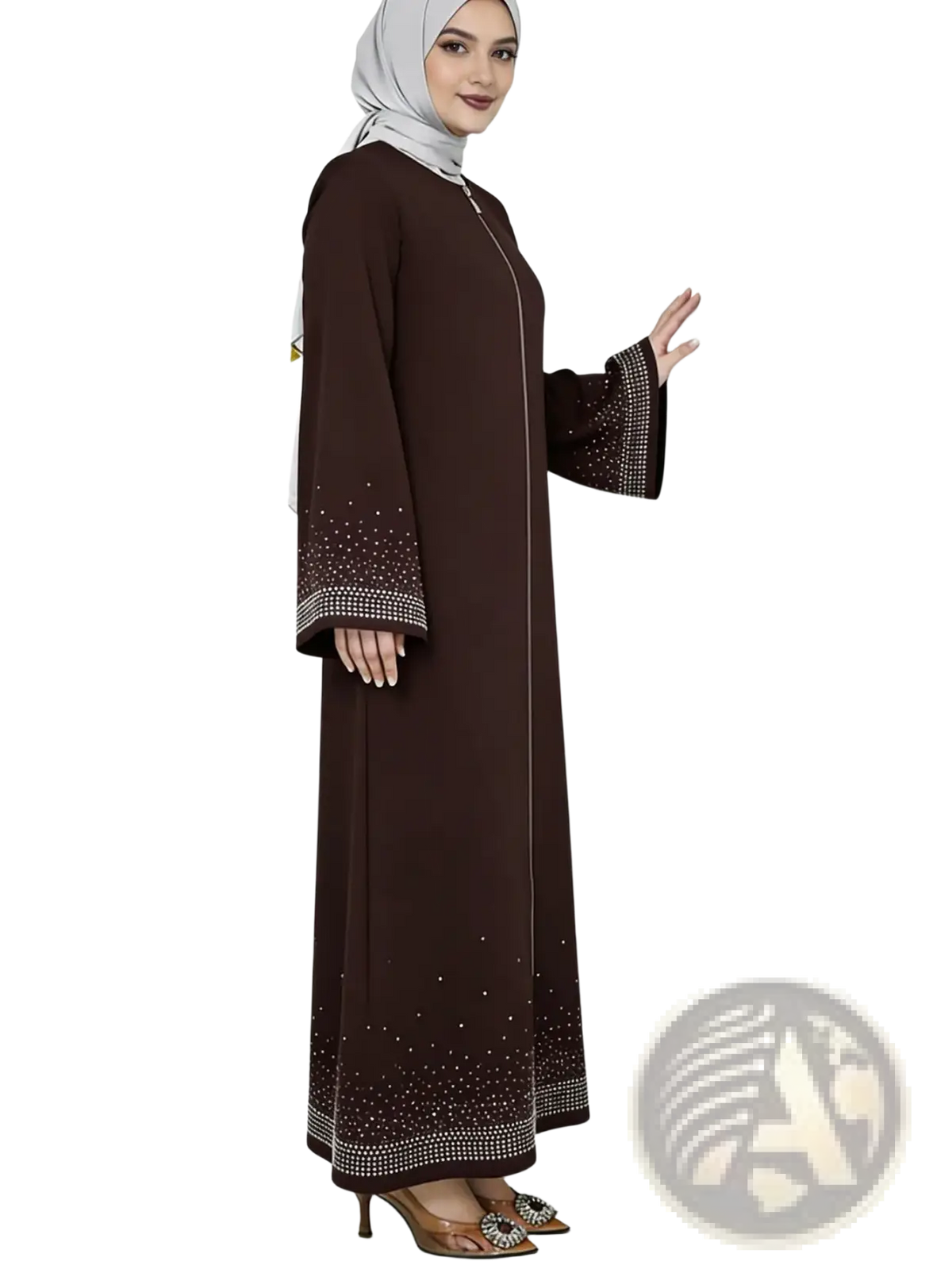 A sophisticated chocolate brown rhinestone abaya long sleeve dress with elegant silver beaded trim on cuffs hemline and placket