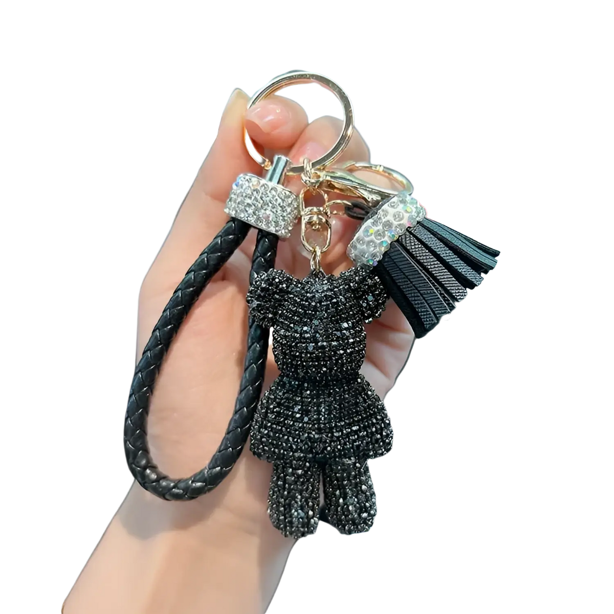 Black rhinestone-encrusted bear keychain with braided leather strap and crystal-adorned tassel accessory