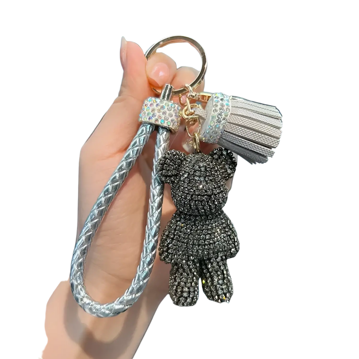 Rhinestone bear keychain with sparkling black rhinestones silver braided leather strap and crystal accents