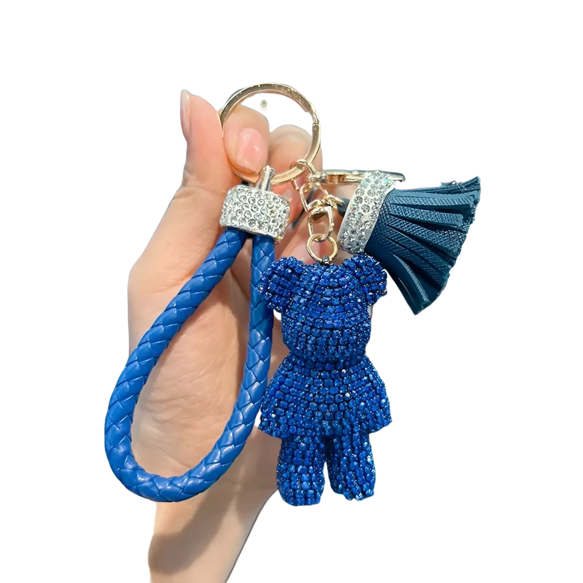 Blue braided leather rhinestone bear keychain with matching tassel for stylish accessory use
