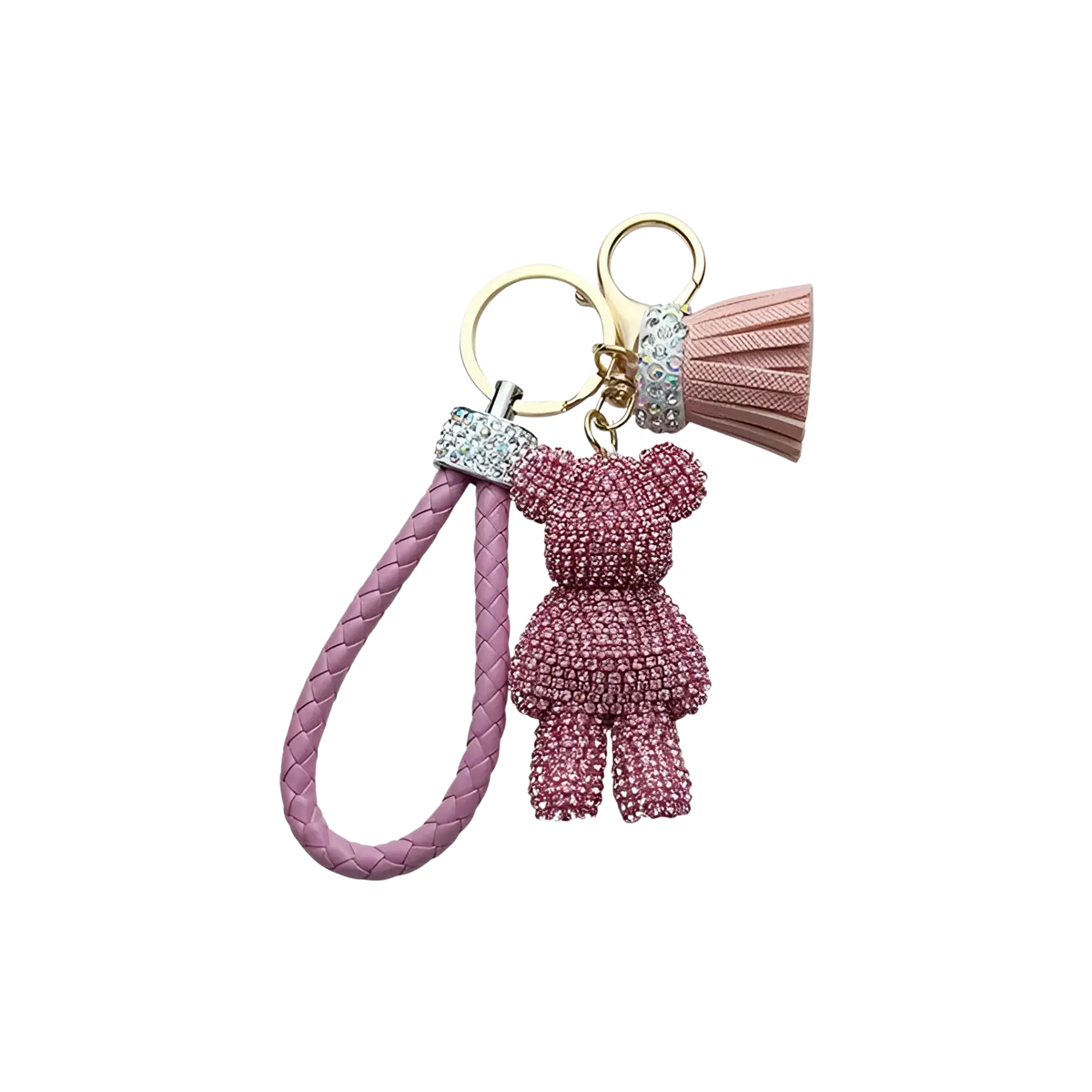 Pink rhinestone-encrusted bear keychain with braided leather strap and tassel for stylish accessory use