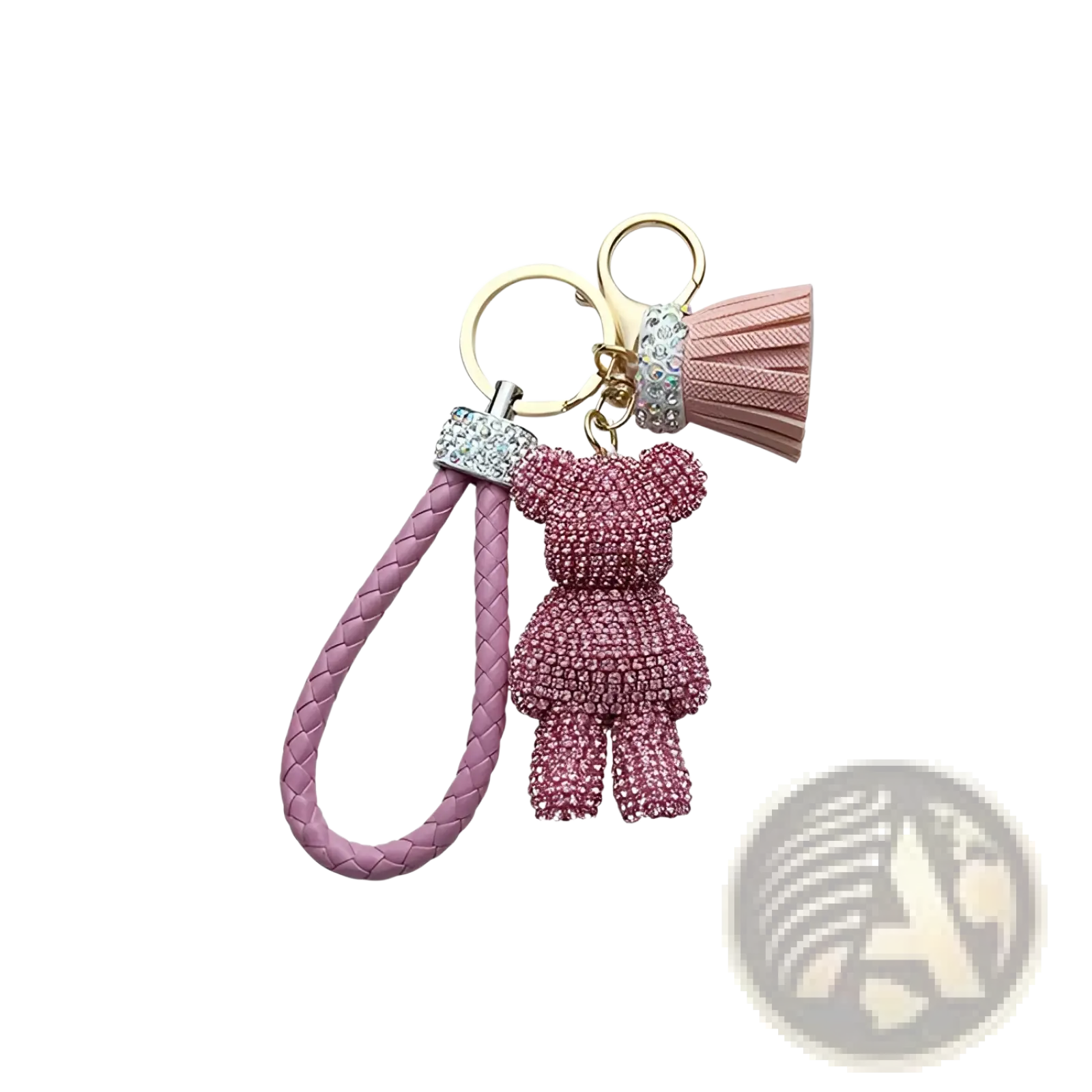 Pink rhinestone-encrusted bear keychain with braided leather strap and tassel for stylish accessory use