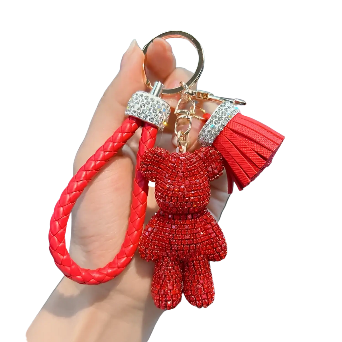 Red braided leather keychain with a sparkling rhinestone bear charm and matching tassel for stylish accessorizing