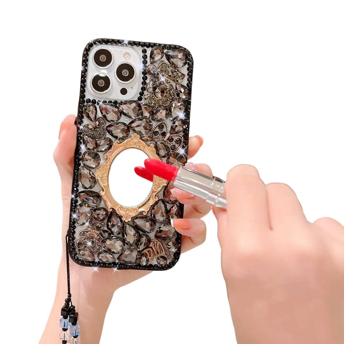 Black rhinestone bow luxury iPhone case with sparkling rhinestones and gold-framed mirror ornate design back side