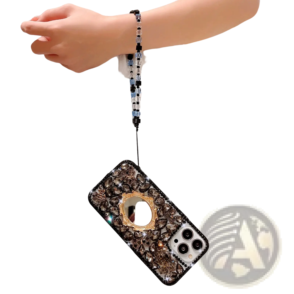 Black rhinestone bow luxury iphone case back with sparkling rhinestones gold-framed mirror and beaded strap attached