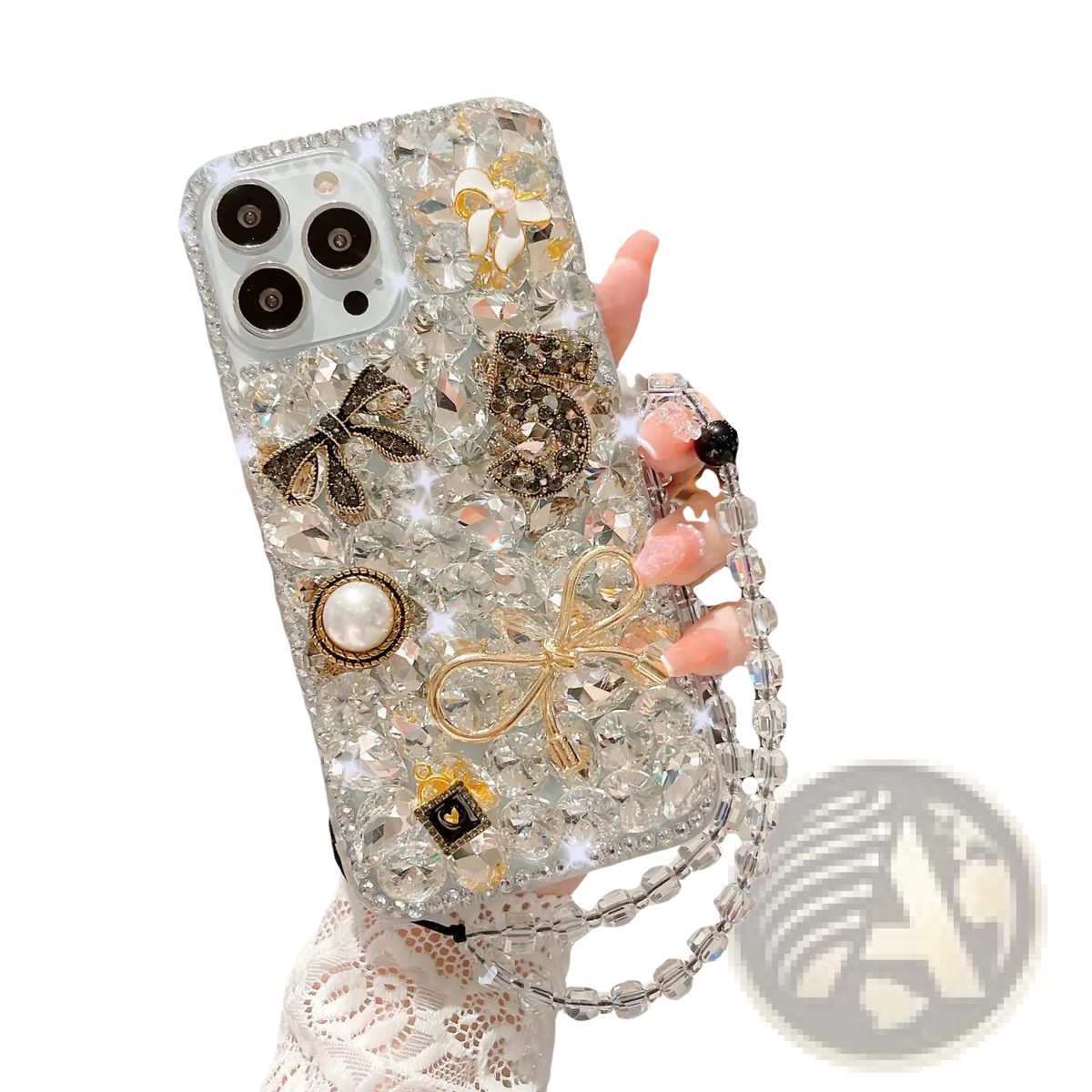 A sparkling clear iphone case with gold and black bows pearls and rhinestones shown from the back side