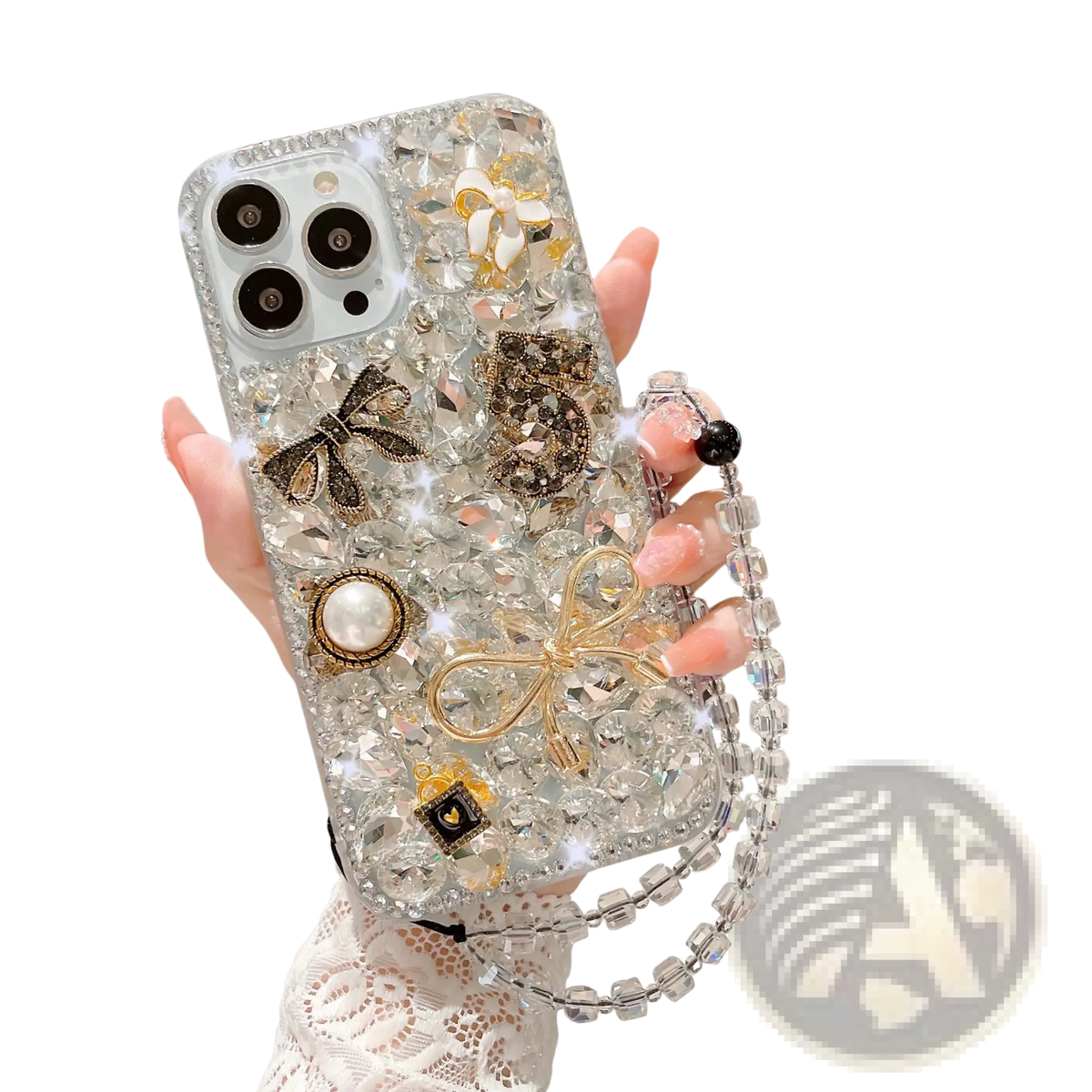 Back side of a sparkling clear rhinestone bow luxury iphone case decorated with gold and black bows pearls and rhinestones