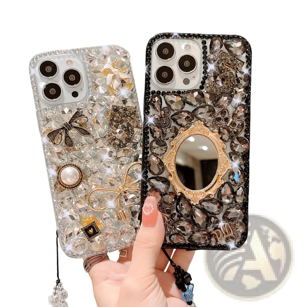 Back view of two rhinestone bow luxury iphone cases featuring clear gold pearl and black crystal mirror designs