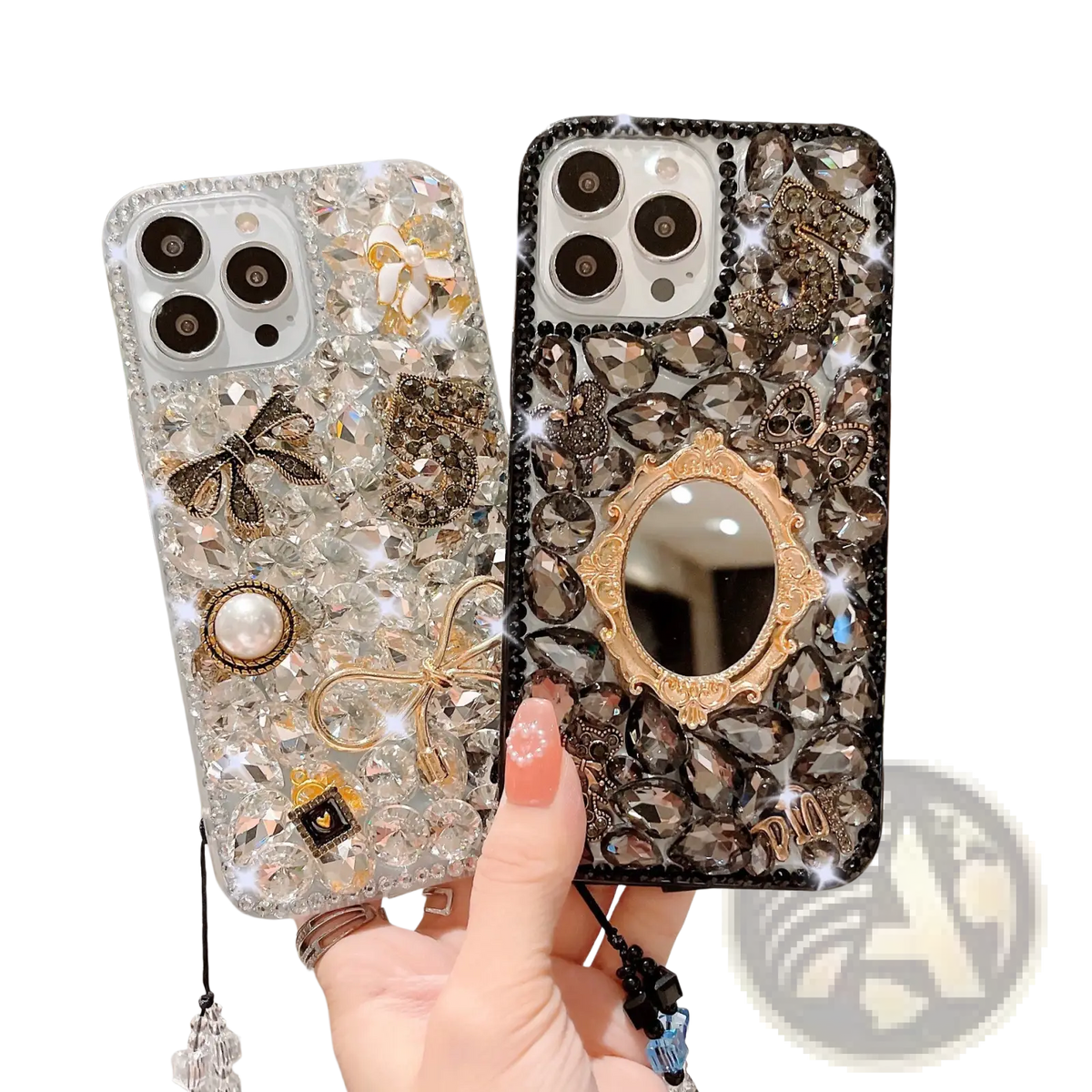 Back view of two rhinestone bow luxury iphone cases featuring clear gold pearl and black crystal mirror designs