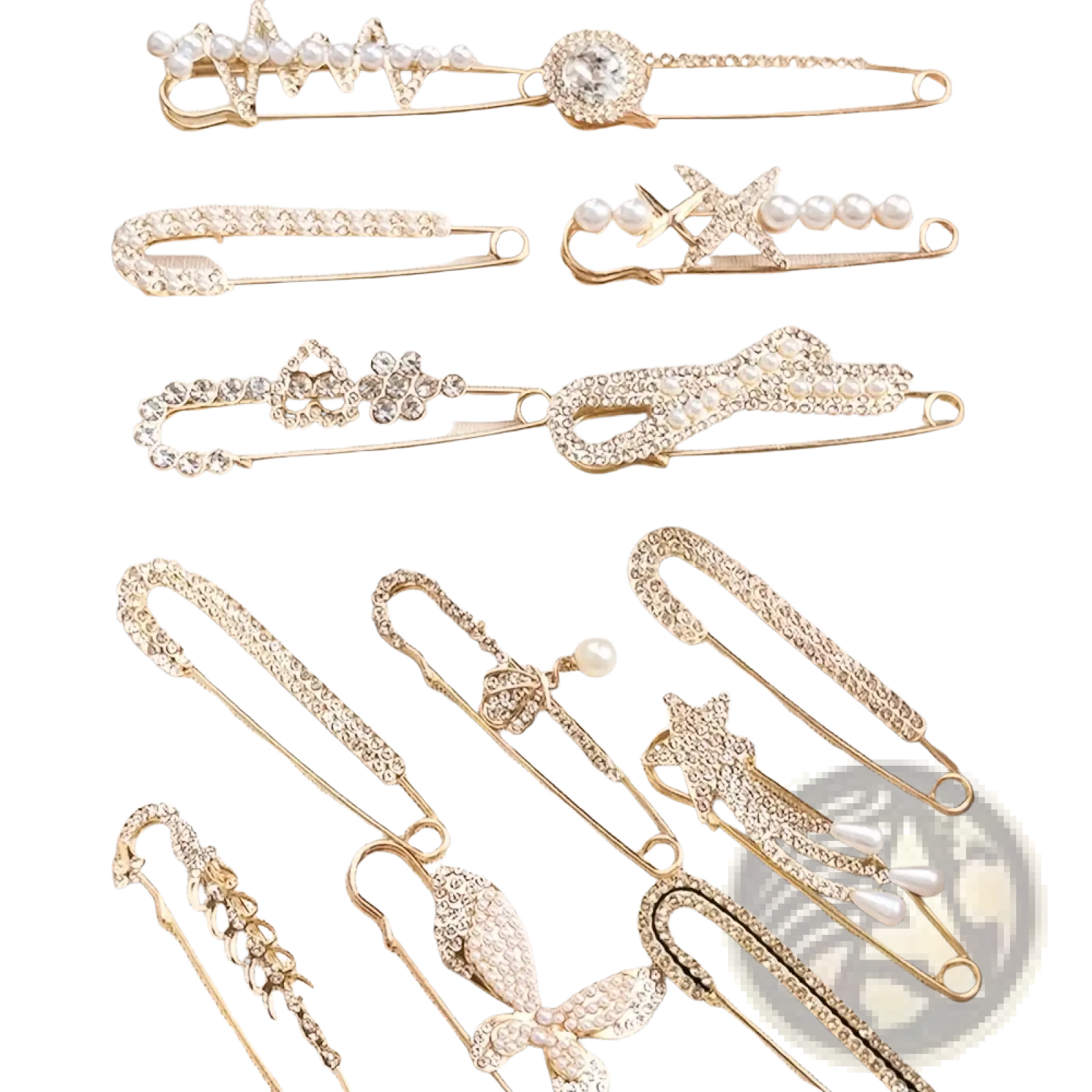 A set of gold-toned rhinestone brooch pins for women featuring crystals pearls and floral and bow designs for scarves