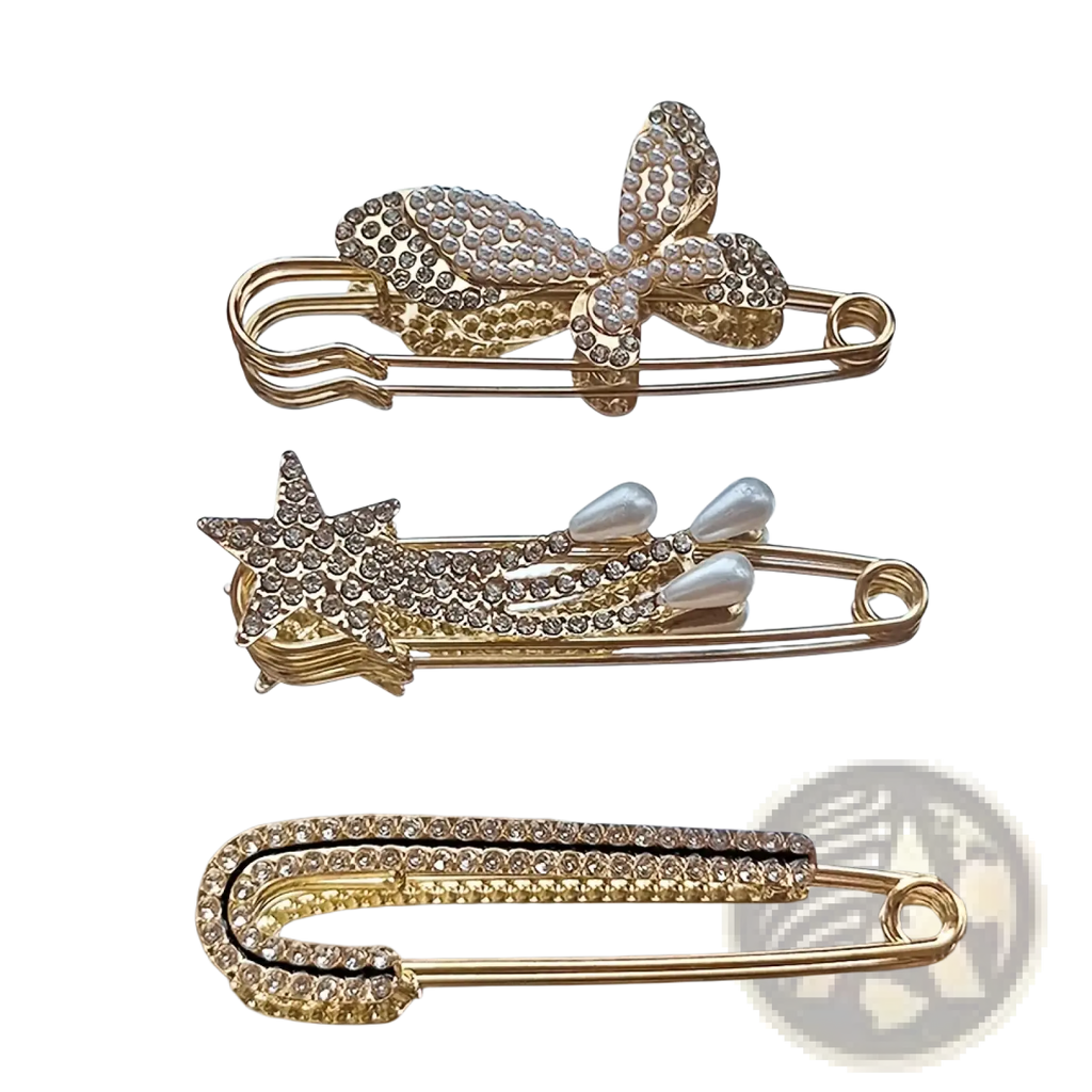 Gold-toned rhinestone brooch pin set for women featuring safety pin scarf clips with bow star and curved designs