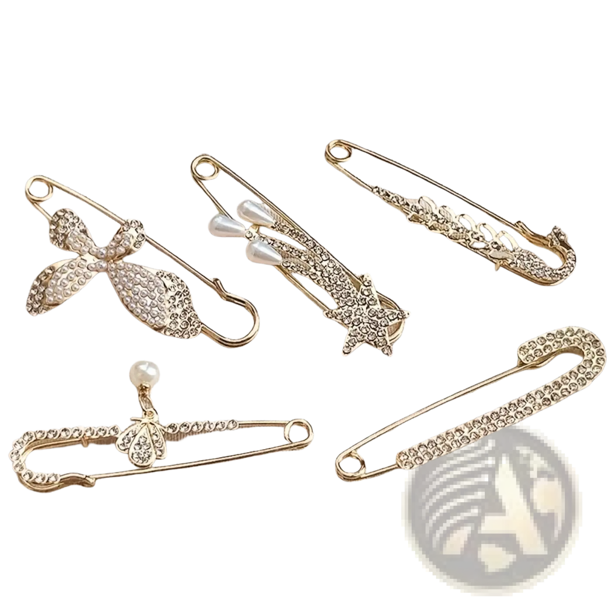 Gold-toned rhinestone brooch pin set for women featuring safety pins with bows pearls stars and floral accents for scarves