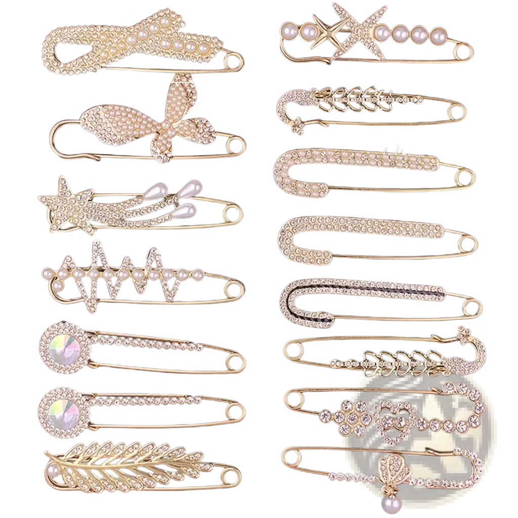 Gold-toned rhinestone brooch pin set with crystal and pearl accents for women scarf clips in decorative designs