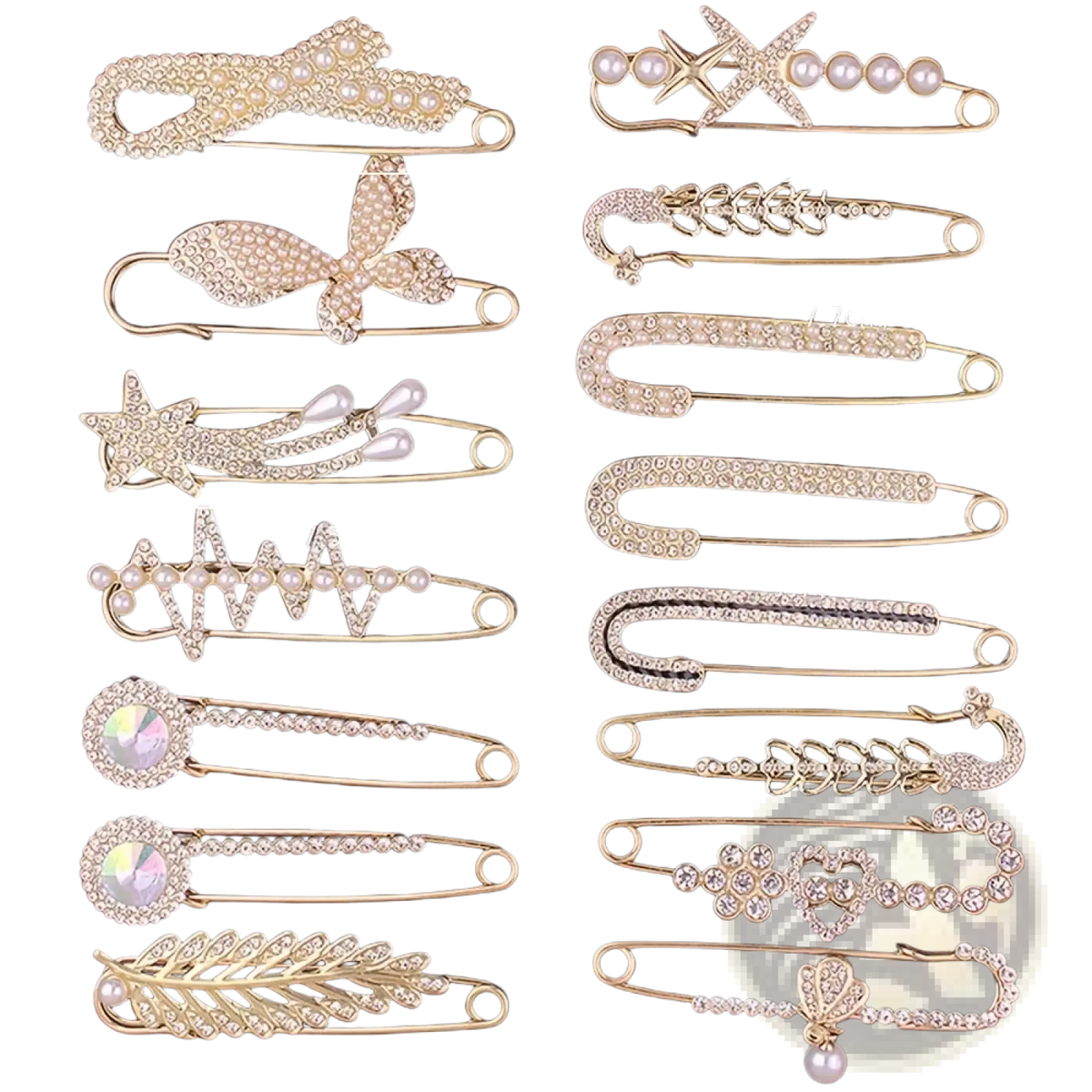 Gold-toned rhinestone brooch pin set with crystal and pearl accents for women scarf clips in decorative designs