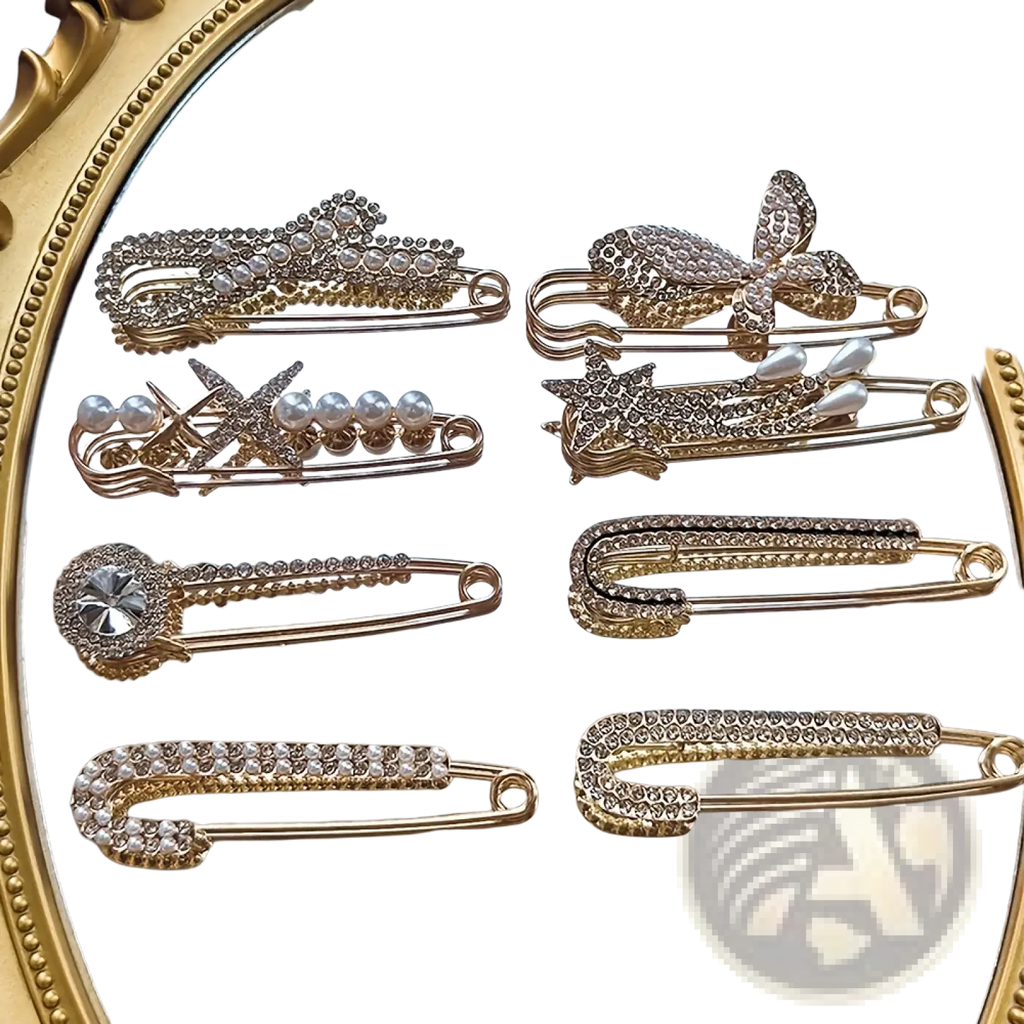 Gold-toned rhinestone brooch pin set for women featuring safety pin scarf clips with pearls bows stars and crystals