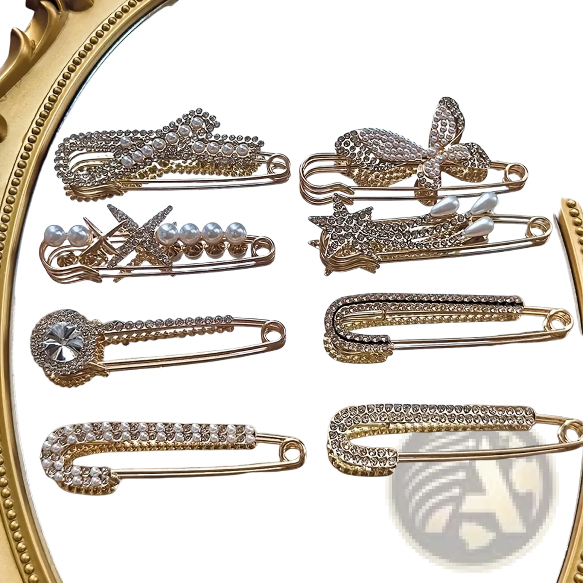 Gold-toned rhinestone brooch pin set for women featuring safety pin scarf clips with pearls bows stars and crystals